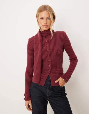 House Of Sunny Power Peggy Classic Ribbed Knit Button Up Cardigan With Scarf In Burgundy