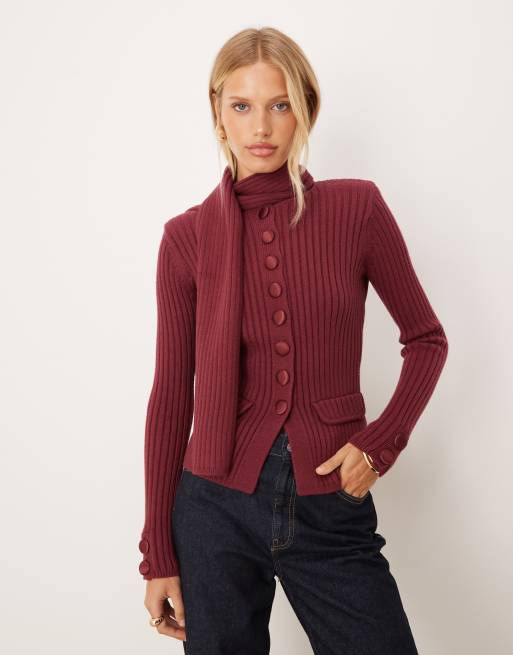 House of Sunny power peggy classic ribbed knit button up cardigan with scarf in burgundy