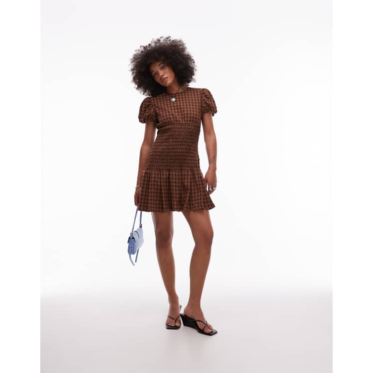 House of Sunny puff sleeve shirred Valerie dress in brown plaid | ASOS