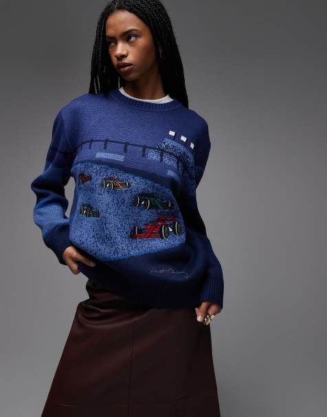 House of Sunny race day oversized jacquard knit crew in navy - view 1