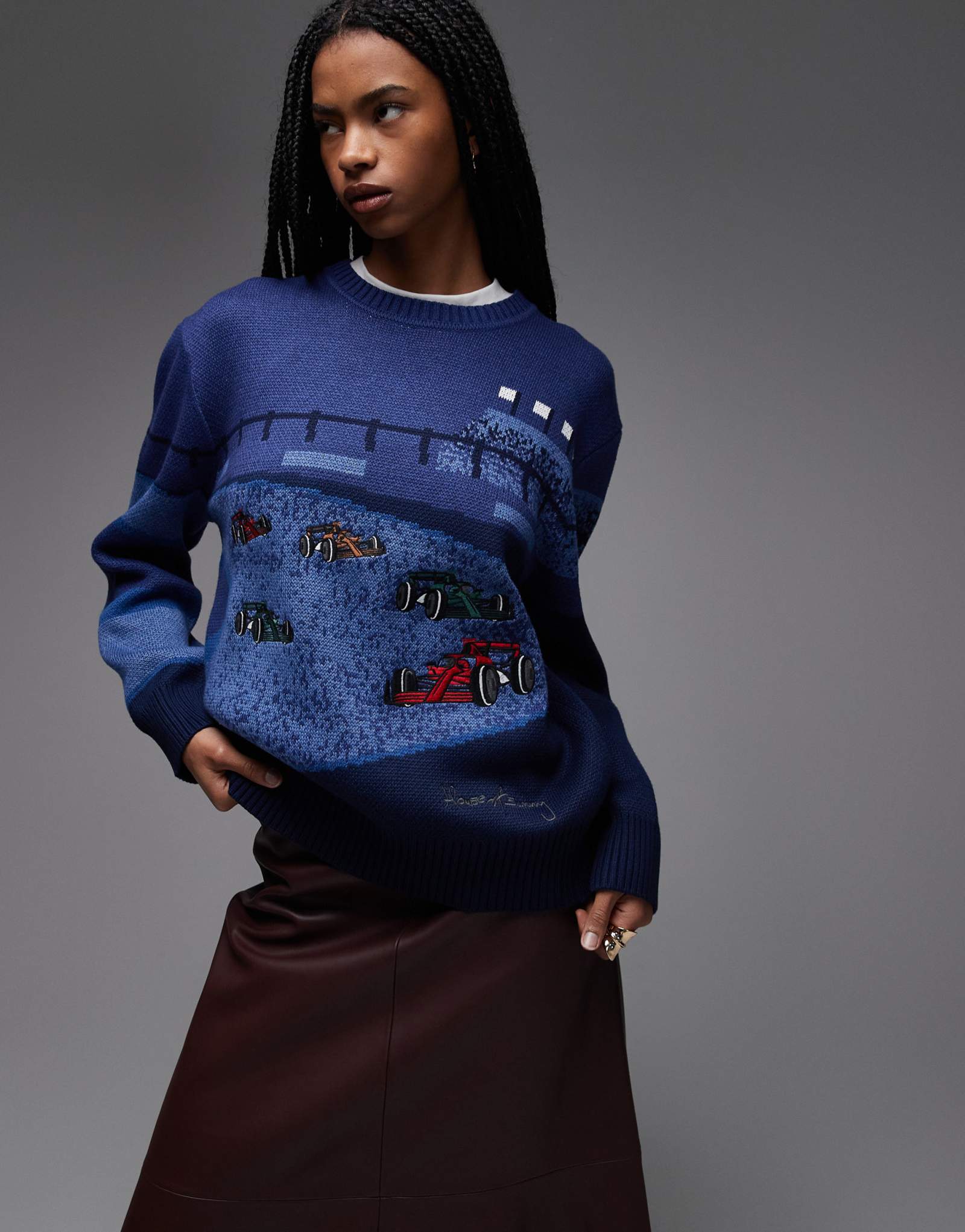 Свитер темно-синего цвета с круглым вырезом из жаккардовой вязки оверсайз House of Sunny race day