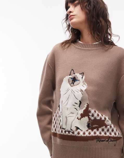House of Sunny ragdoll cat crew neck jumper in taupe - view 1