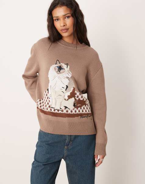 House of Sunny ragdoll cat crew neck jumper in taupe