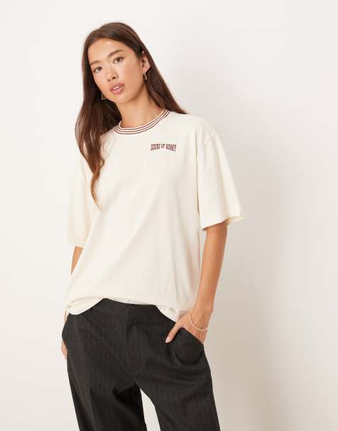 House of Sunny retro stripe collar t-shirt in white and oat - view 1