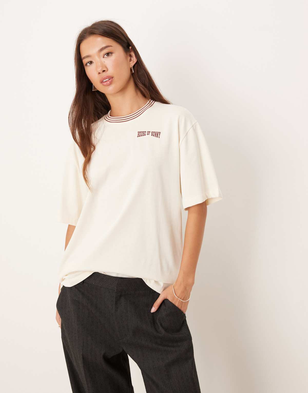 House of Sunny retro stripe collar t-shirt in white and oat