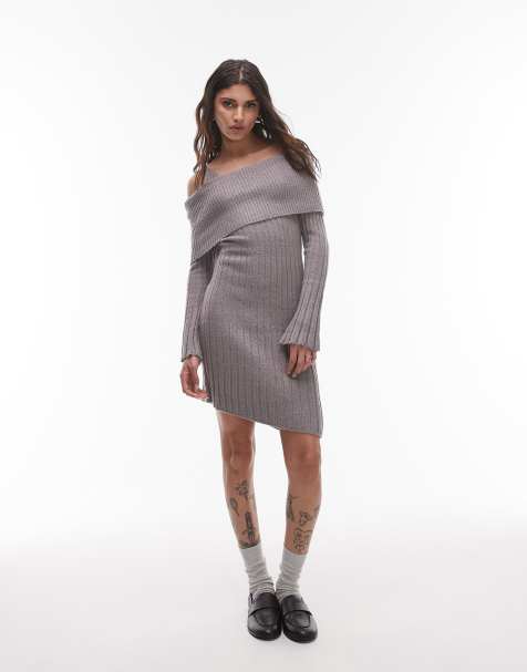 House of Sunny ribbed asymmetric dress in school grey
