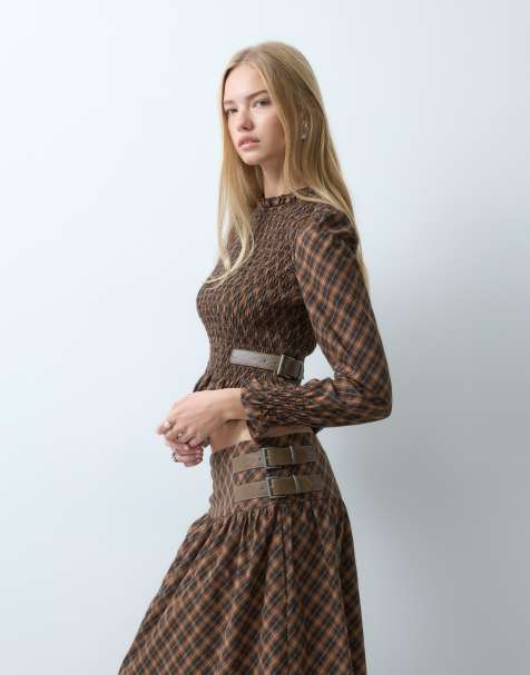 House of Sunny ruched top in brown multi check (part of a set) - view 1