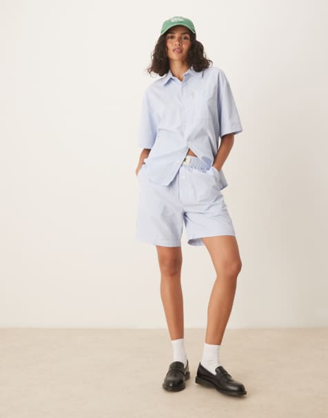 House of Sunny seersucker box fit shorts co-ord in multi blue - view 1