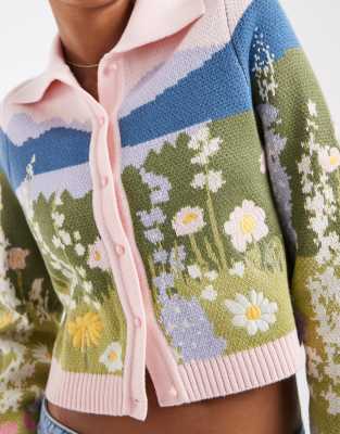 House Of Sunny Sunset Blooms Tripper Cardigan In Green