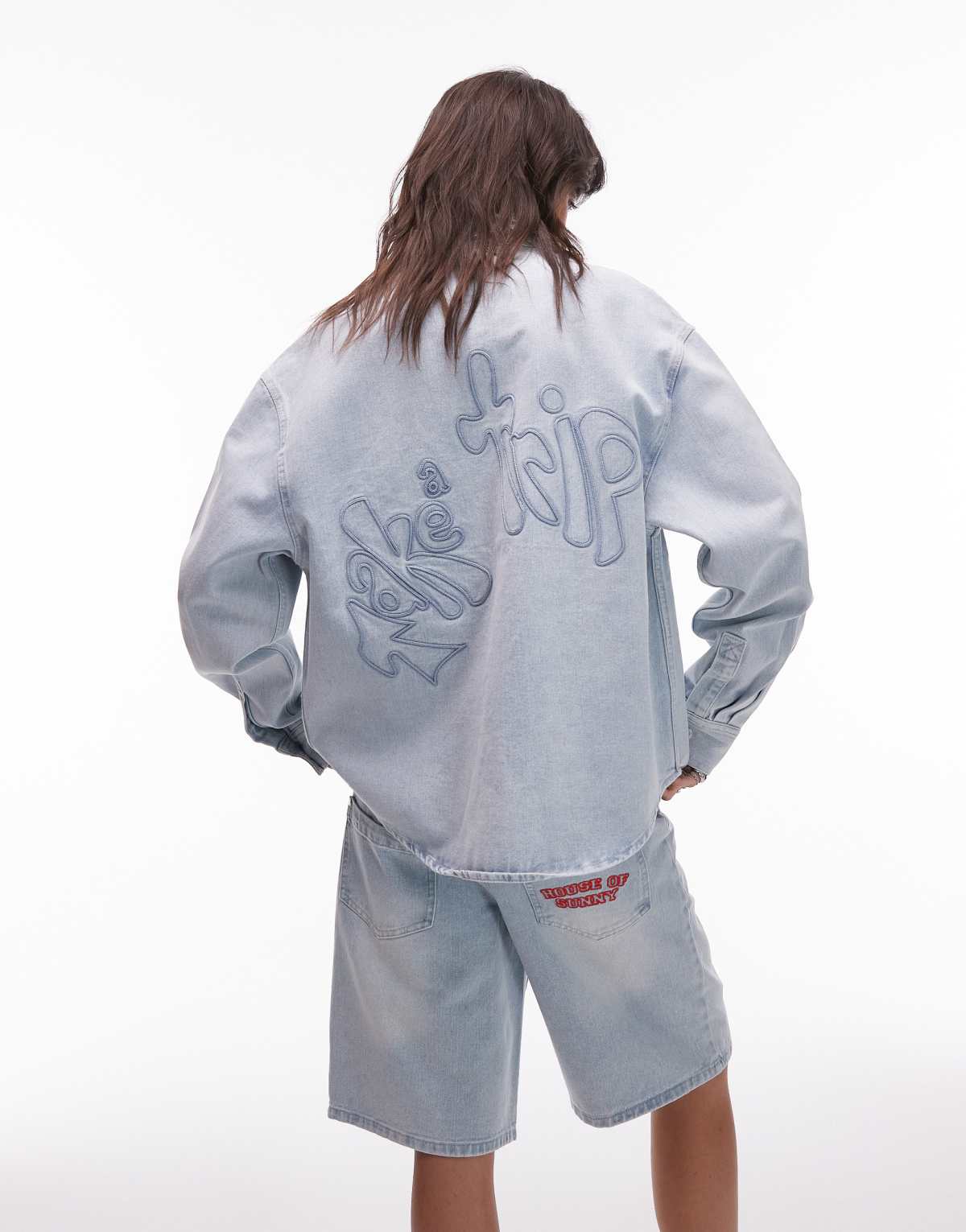 House of Sunny take a trip embroidered denim shirt in light breeze wash