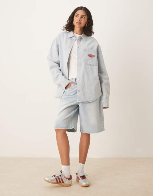 House of Sunny take a trip embroidered denim shirt in light breeze wash