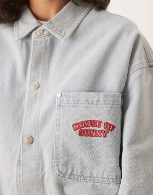 House of Sunny take a trip embroidered denim shirt in light breeze wash