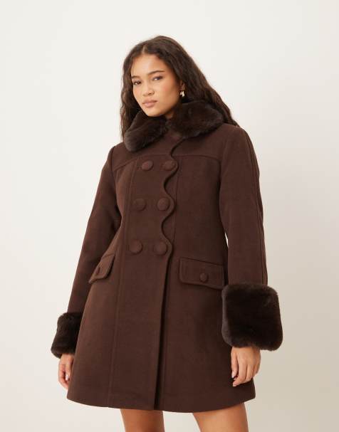 House of Sunny The Dolly mid length overcoat with button detail and faux fur trim in brown - view 1