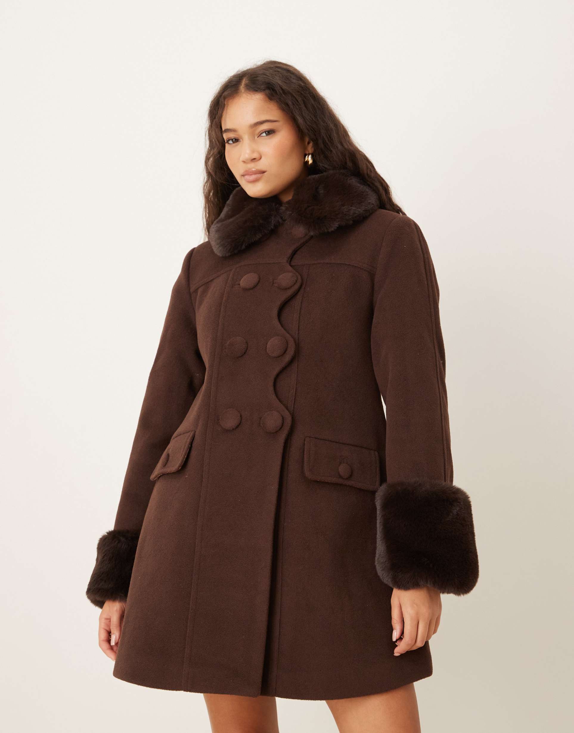 house of sunny the dolly mid length overcoat with button detail and faux fur trim in brown