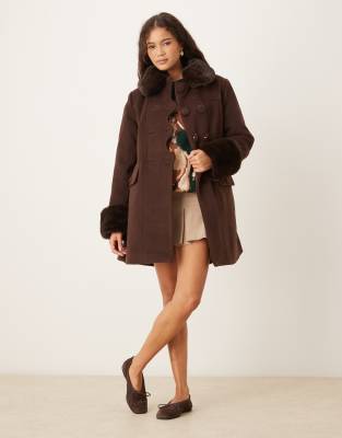 House Of Sunny The Dolly Mid Length Overcoat With Button Detail And Fur Trim In Brown