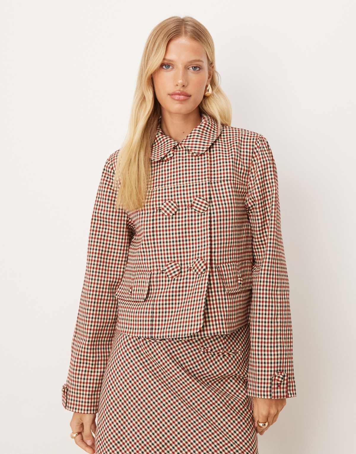 House of Sunny the marie short button detail overcoat in multi check co-ord
