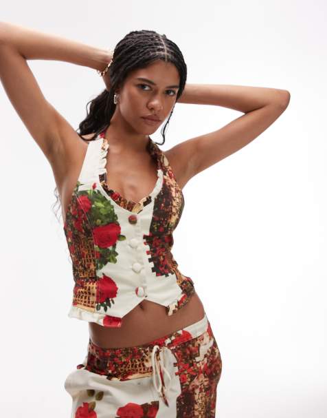 House of Sunny the rose garden co-ord waistcoat with tie detail in multi print