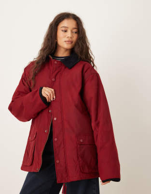House Of Sunny Waxed Rain Jacket With Contrast Collar In Red