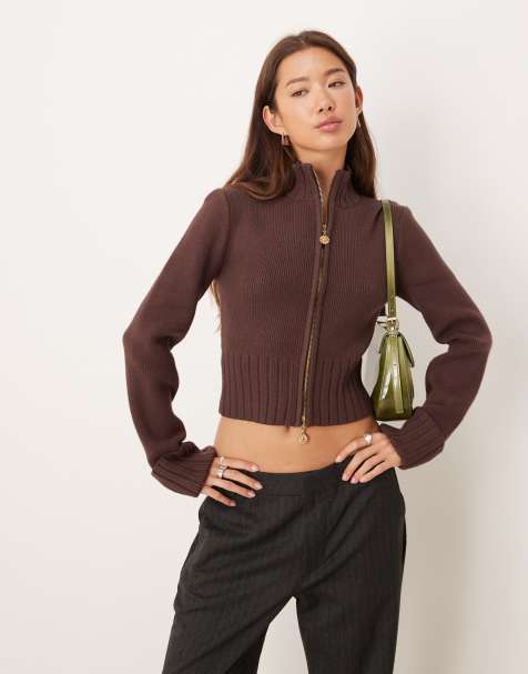 House of Sunny zip through jumper in rosewood brown