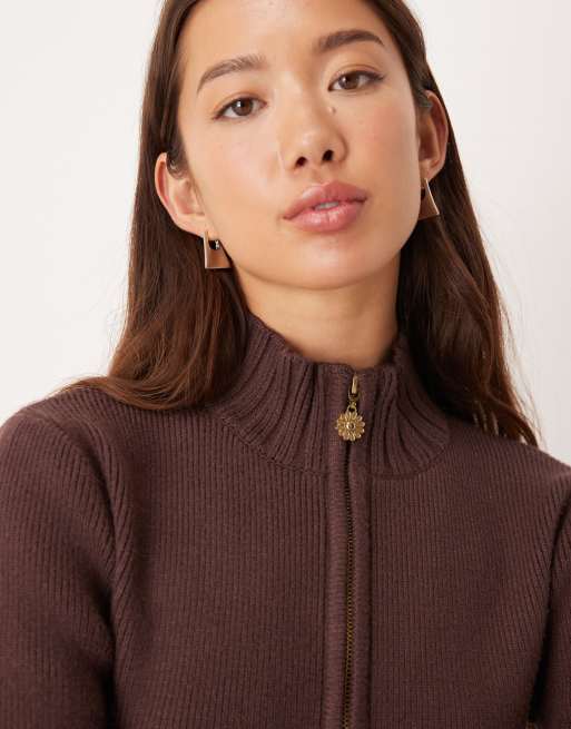 House of Sunny zip up sweater in rosewood brown, 2 of 4