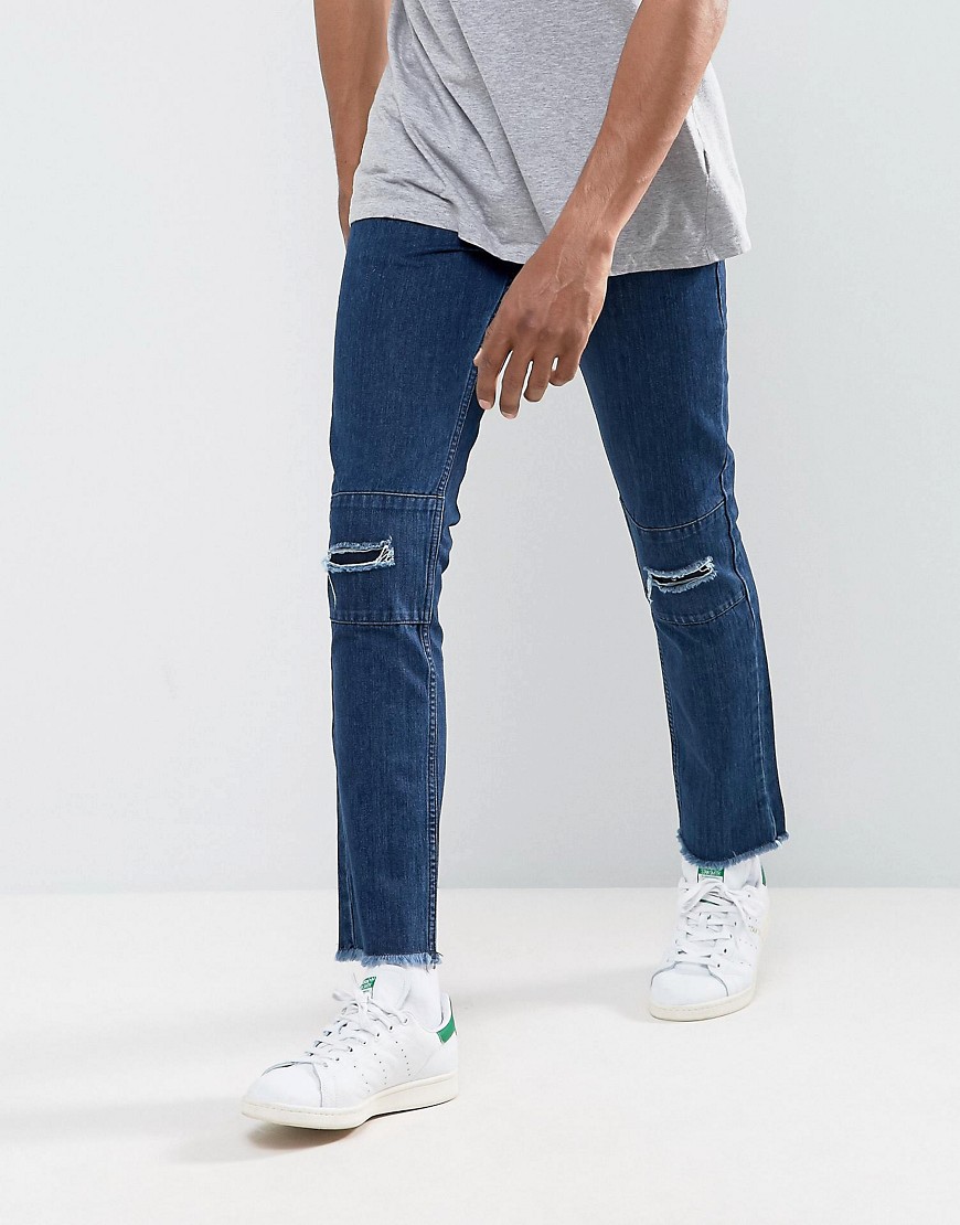Hoxton Denim – Vintage, slitna jeans med råskurna kanter och smal passform-Blå