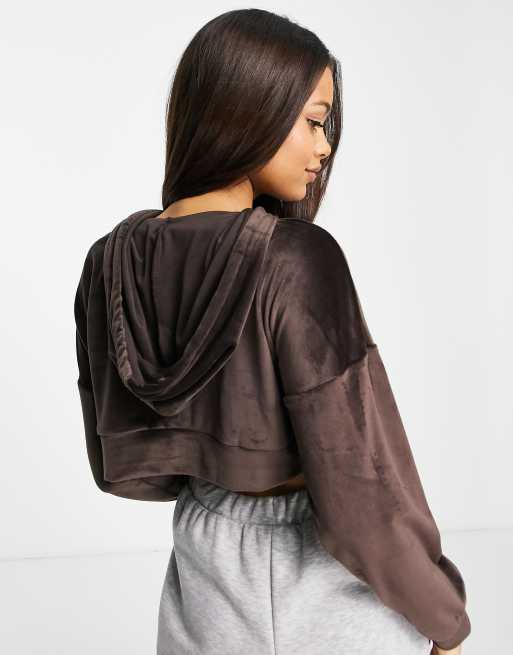 Hoxton Haus Petite velour cropped hoodie co ord in chocolate brown