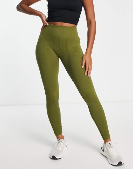 Khaki Seamless Rib High Waisted Gym Leggings