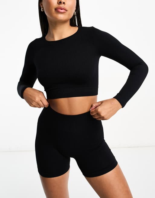 Hoxton Haus seamless long sleeve gym crop top in black