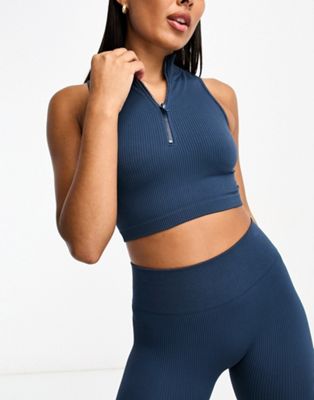 Hoxton Haus seamless zip front gym crop top co-ord in navy - ASOS Price Checker