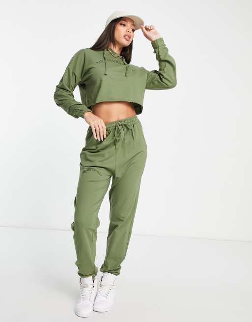 Hoxton Haus Tall cropped hoodie co ord in khaki ASOS