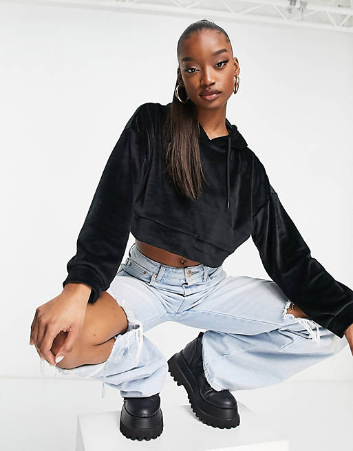 Hoxton Haus velour cropped hoodie co-ord in black | ASOS