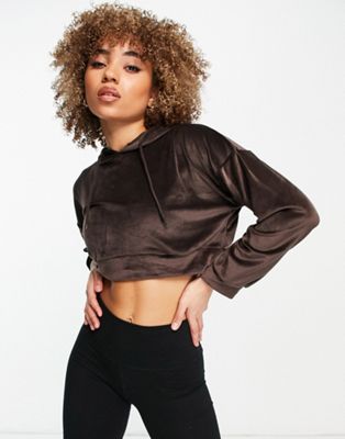 Hoxton Haus velour cropped hoodie co-ord in chocolate brown