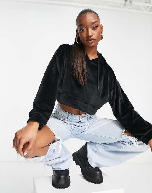 Velour cropped hoodie black sale