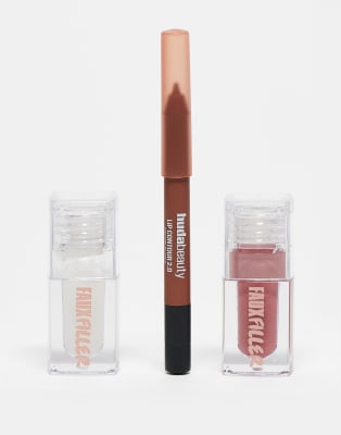 Huda Beauty - Trio pour les lèvres gloss Faux Filler teinte Bombshell + gloss Faux Filler teinte Glassy + crayon à lèvres teinte Warm Brown-rose