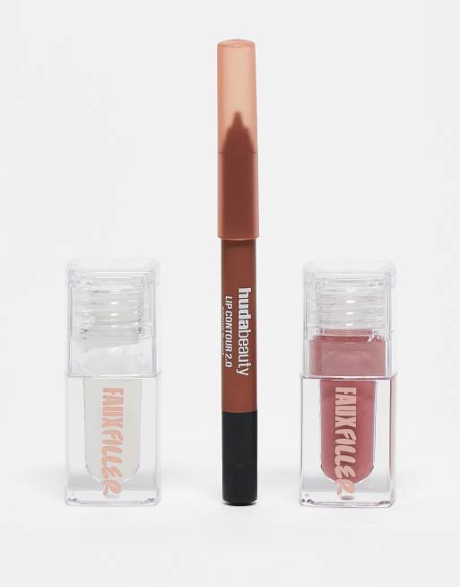 Huda Beauty – Zestaw trzech kosmetyków do pielęgnacji ust: błyszczyk nadający objętość i konturówka w odcieniu Warm Brown