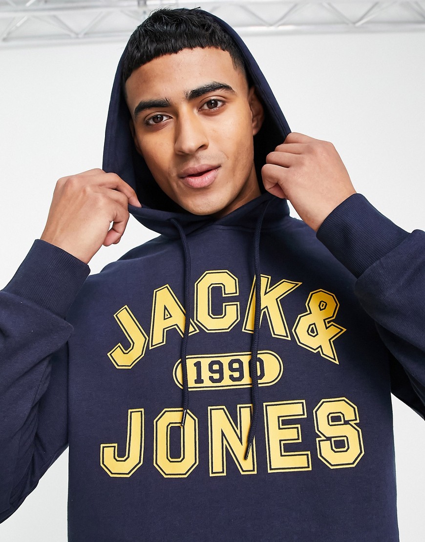 фото Худи без застежки темно-синего цвета с логотипом jack & jones-темно-синий