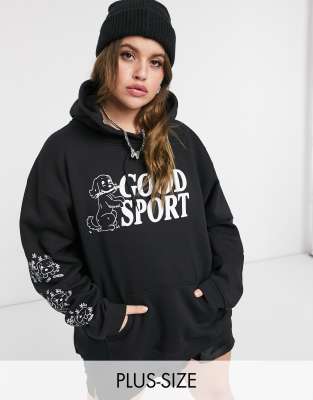 фото Худи в стиле oversized с надписью "good sport" и принтом собаки new girl order curve-черный