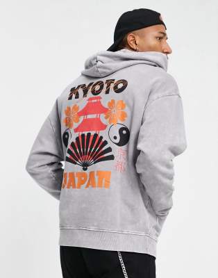 фото Худи в стиле oversized серого цвета с эффектом кислотной стирки и принтом "kyoto" на спине asos design-черный цвет