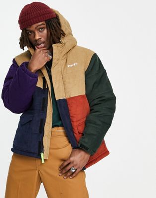 HUF anglin cord puffer jacket in multicoloured blocking