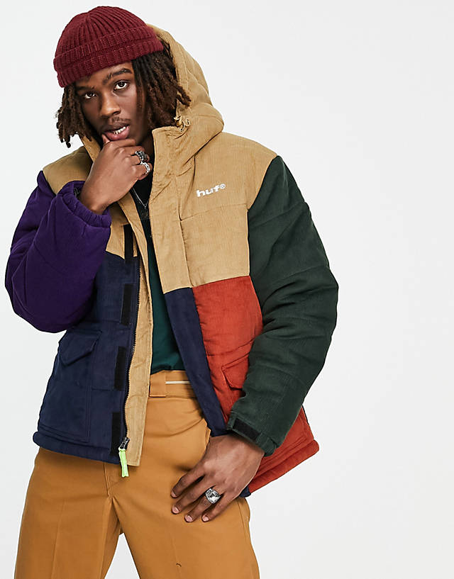 HUF - anglin cord puffer jacket in multicoloured blocking