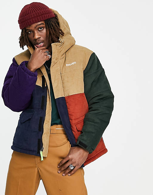 HUF anglin cord puffer jacket in multicoloured blocking | ASOS