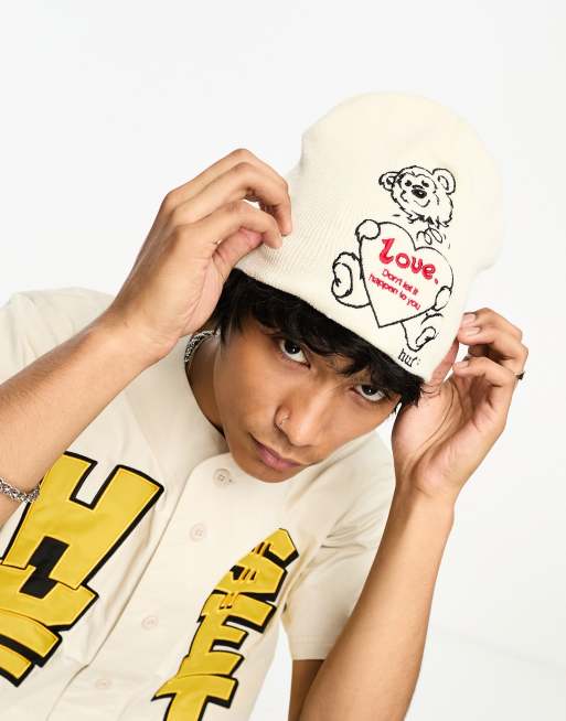 HUF Bad News beanie in white with bear embroidery