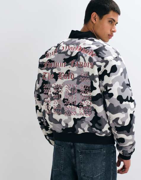 HUF badge detail back print bomber flight jacket in grey camo  - view 1