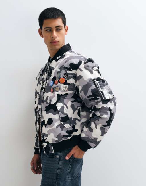 HUF badge detail back print bomber flight jacket in grey camo , 2 of 5
