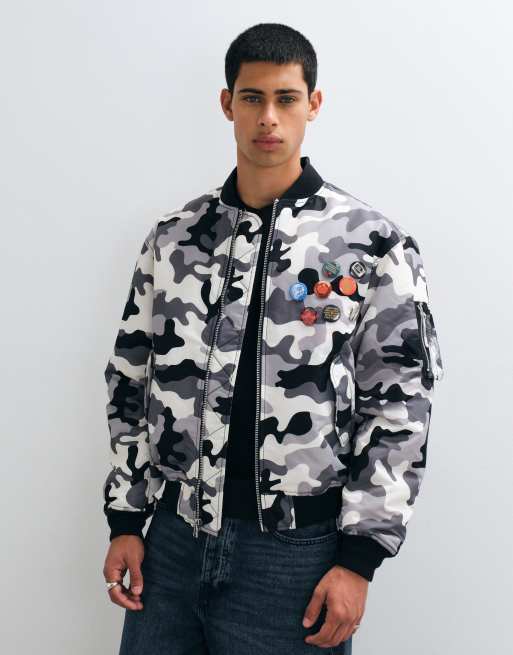 HUF badge detail back print bomber flight jacket in grey camo , 5 of 5