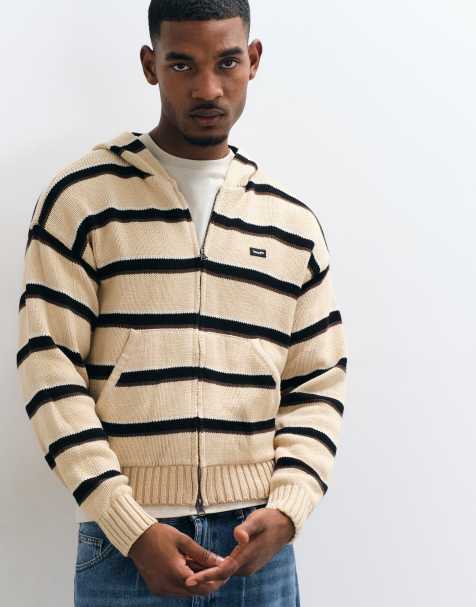 HUF banks stripe zip through knitted hoodie in tan - view 1