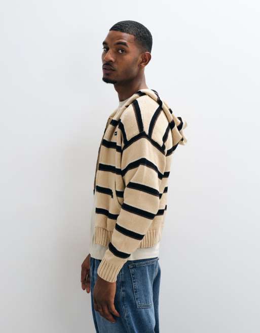 HUF banks stripe zip through knitted hoodie in tan, 3 of 5