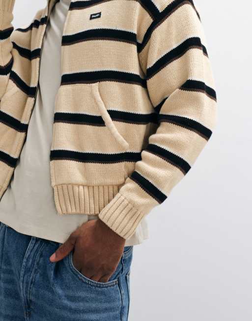 HUF banks stripe zip through knitted hoodie in tan, 4 of 5
