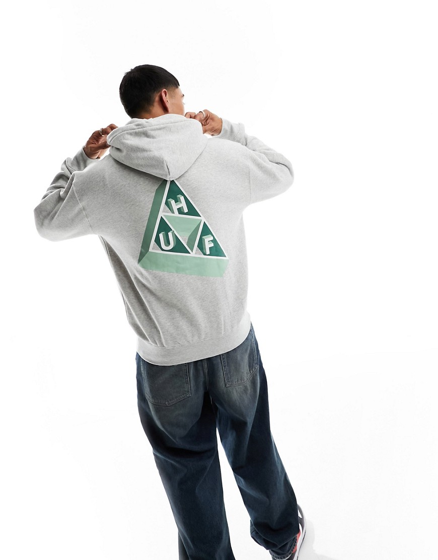 based triple triangle pullover hoodie in gray with chest and back print
