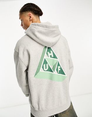 HUF Based triple triangle pullover hoodie in grey with chest and back print - ASOS Price Checker